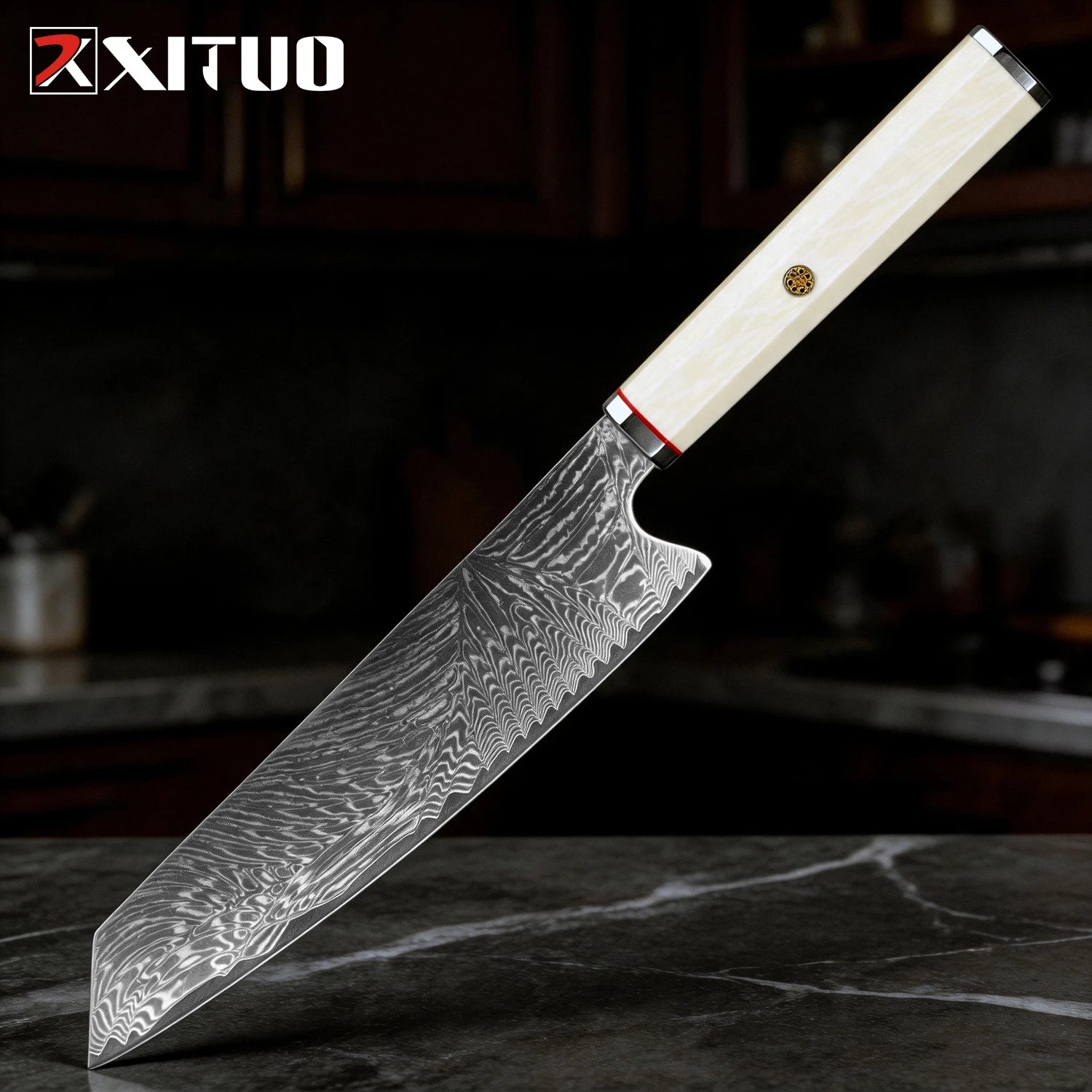 XITUO 1–3-teiliges Küchenmesser-Set (Kiritsuke & Schälmesser), scharfe Kochmesser aus Damaststahl mit achteckigem Griff in Elfenbein-Optik