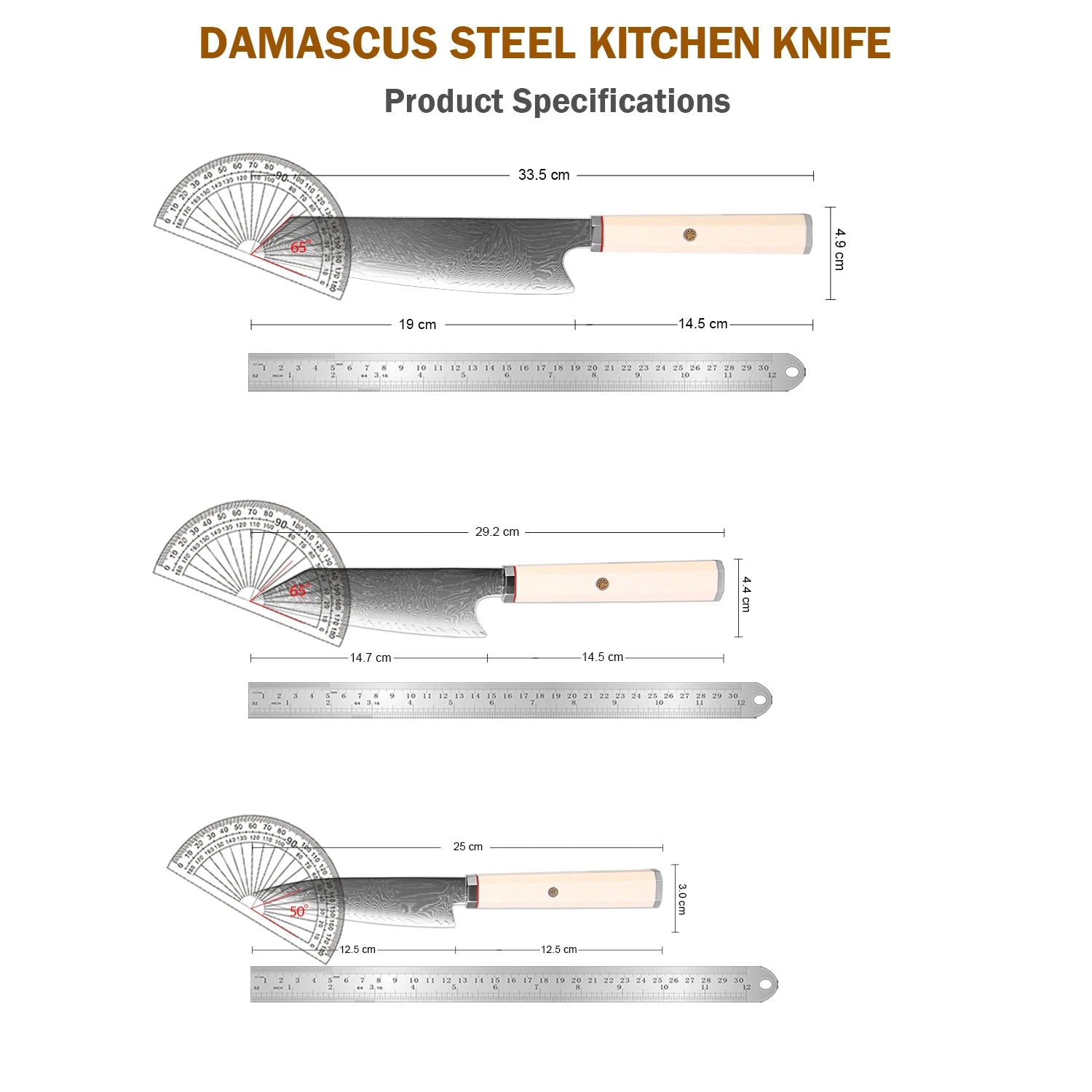 XITUO 1–3-teiliges Küchenmesser-Set (Kiritsuke & Schälmesser), scharfe Kochmesser aus Damaststahl mit achteckigem Griff in Elfenbein-Optik
