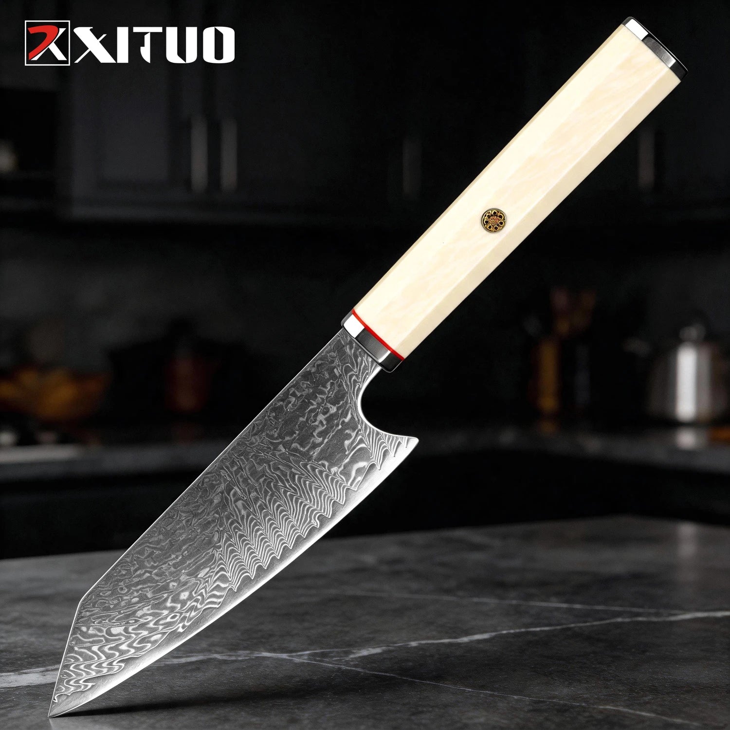 XITUO 1–3-teiliges Küchenmesser-Set (Kiritsuke & Schälmesser), scharfe Kochmesser aus Damaststahl mit achteckigem Griff in Elfenbein-Optik