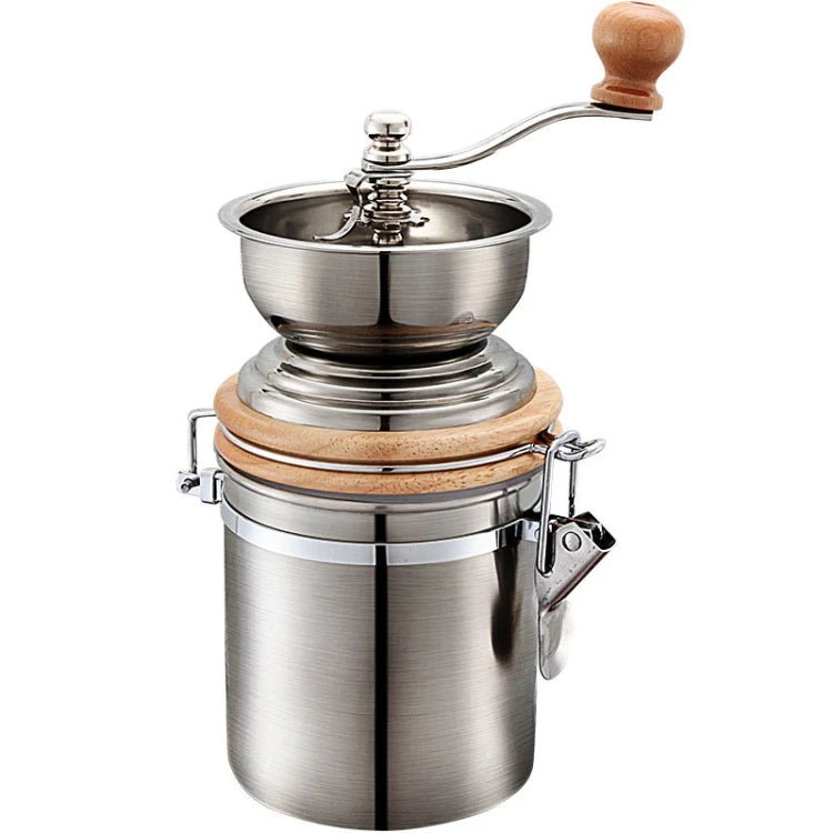 Handkurbel-Kaffeemühle aus Edelstahl, die sich gegen den Uhrzeigersinn verdickt.