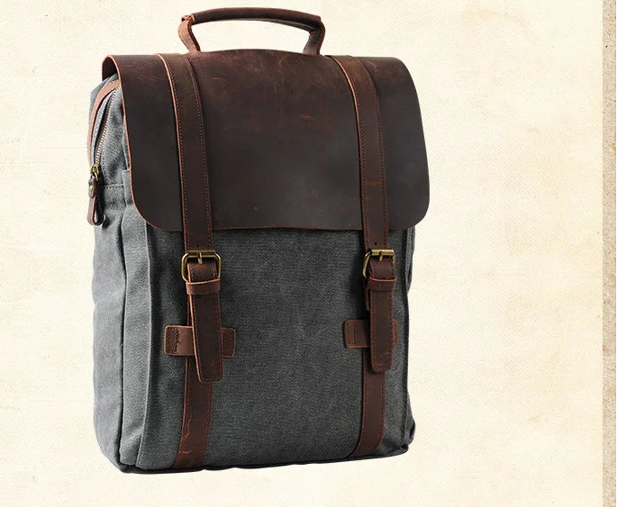 Modischer Rucksack für Damen und Herren – Leder, Canvas, Military-Stil – geeignet als Schulrucksack oder Tasche