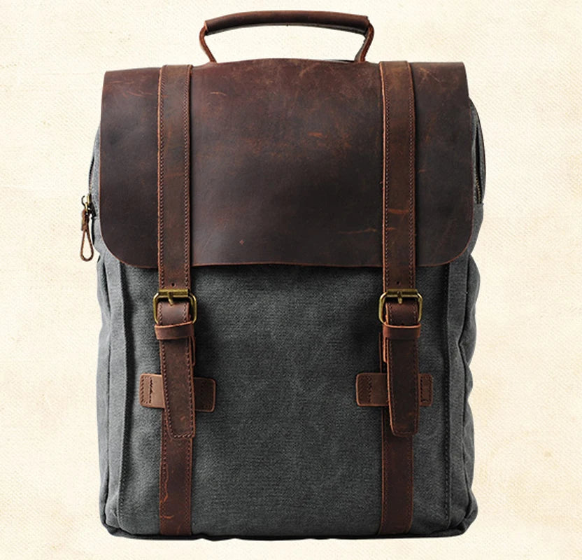 Modischer Rucksack für Damen und Herren – Leder, Canvas, Military-Stil – geeignet als Schulrucksack oder Tasche