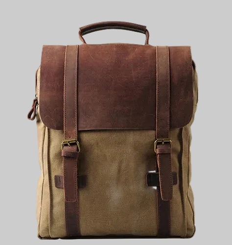 Modischer Rucksack für Damen und Herren – Leder, Canvas, Military-Stil – geeignet als Schulrucksack oder Tasche