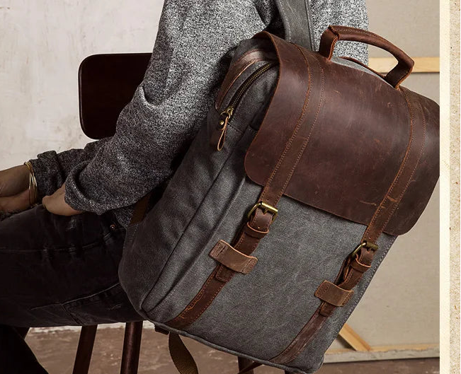 Modischer Rucksack für Damen und Herren – Leder, Canvas, Military-Stil – geeignet als Schulrucksack oder Tasche