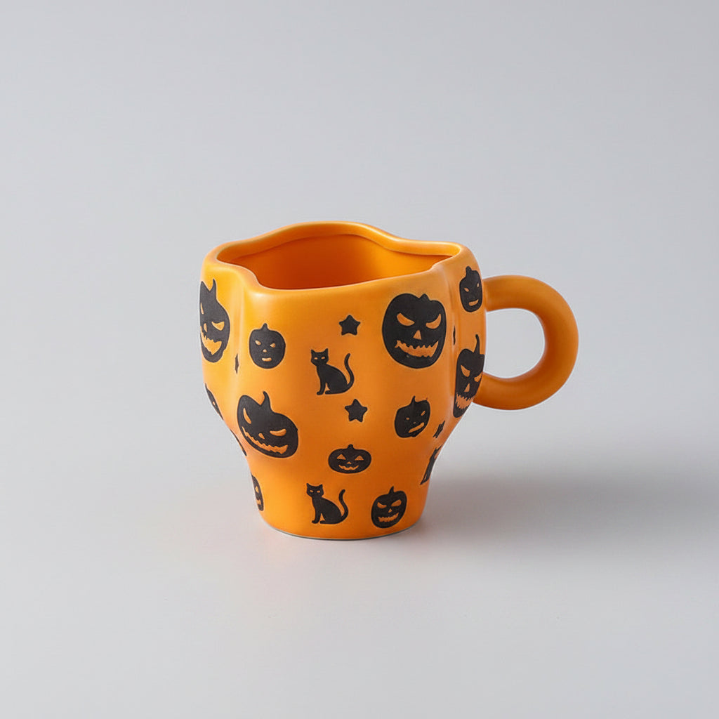 Kreatives Keramik-Tassenset (Tasse und Untertasse) im Halloween-Design – individuelle Kaffeetasse mit unregelmäßiger Form sowie Kürbis- und Fledermausmotiven