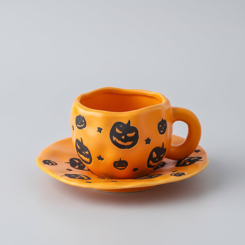 Kreatives Keramik-Tassenset (Tasse und Untertasse) im Halloween-Design – individuelle Kaffeetasse mit unregelmäßiger Form sowie Kürbis- und Fledermausmotiven