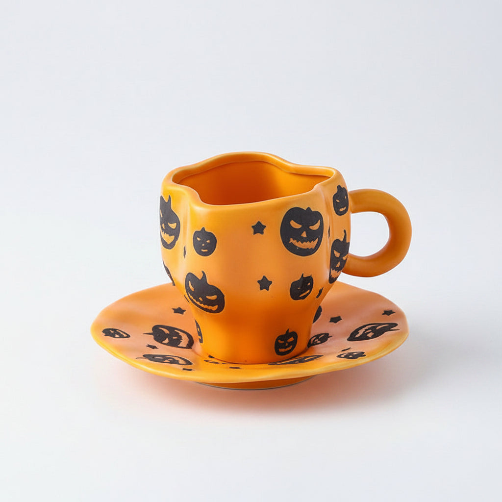 Kreatives Keramik-Tassenset (Tasse und Untertasse) im Halloween-Design – individuelle Kaffeetasse mit unregelmäßiger Form sowie Kürbis- und Fledermausmotiven