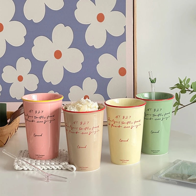 Französische Keramik Kaffeetasse 450ml Wasser Tasse Vintage Pappbecher Buchstaben Keramik Hand halten hohe Tasse Kaffeetassen Frühstücks saft Tassen