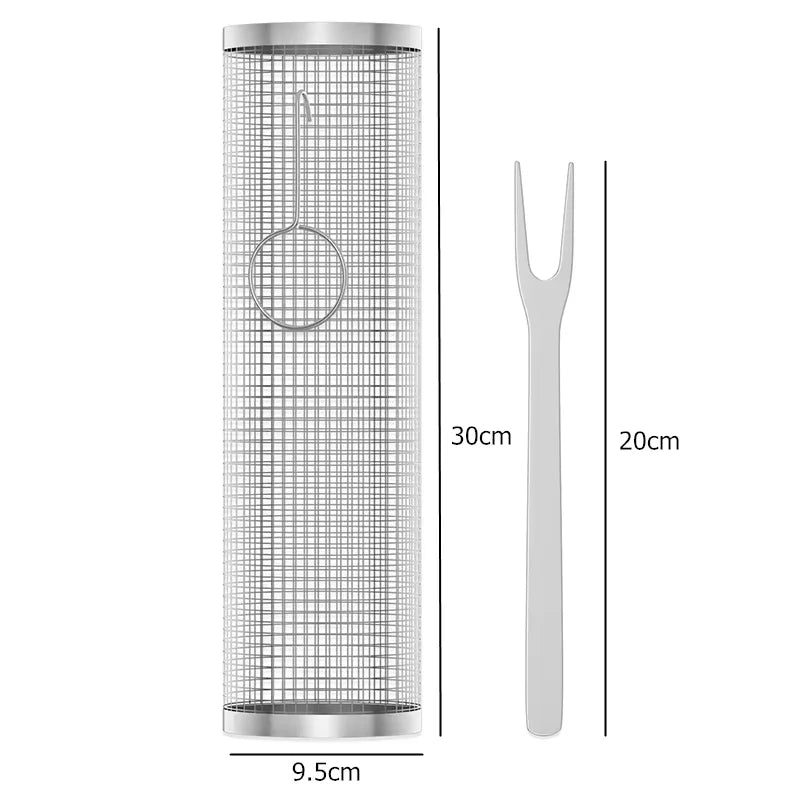 Tragbarer Roll-Grillkorb aus Edelstahl-Drahtgeflecht (zylindrisch) für Outdoor-Grillen und Camping