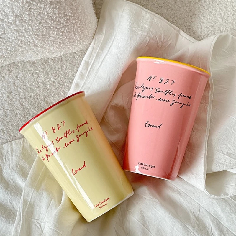 Französische Keramik Kaffeetasse 450ml Wasser Tasse Vintage Pappbecher Buchstaben Keramik Hand halten hohe Tasse Kaffeetassen Frühstücks saft Tassen