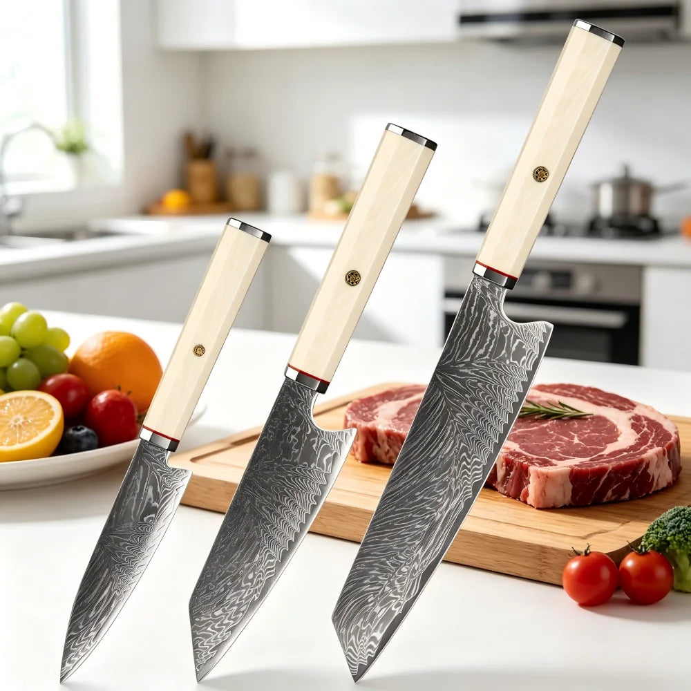 XITUO 1–3-teiliges Küchenmesser-Set (Kiritsuke & Schälmesser), scharfe Kochmesser aus Damaststahl mit achteckigem Griff in Elfenbein-Optik