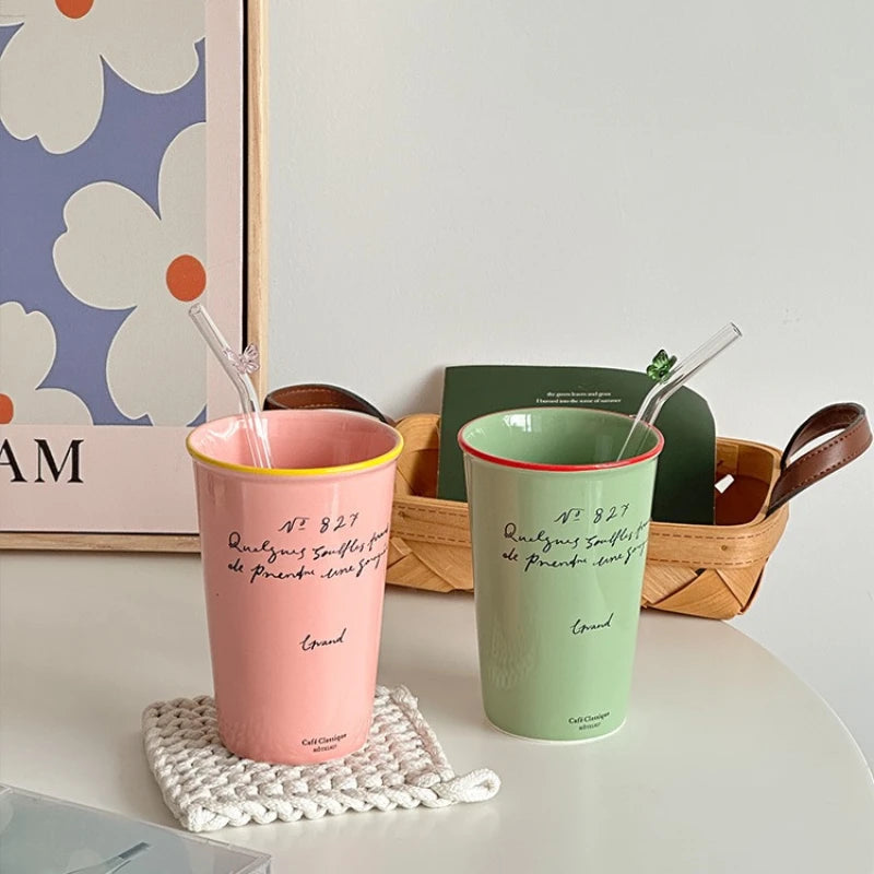 Französische Keramik Kaffeetasse 450ml Wasser Tasse Vintage Pappbecher Buchstaben Keramik Hand halten hohe Tasse Kaffeetassen Frühstücks saft Tassen