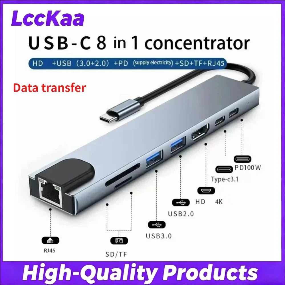7-in-1 / 8-in-1 USB-C-Hub-Erweiterung – Multiport-Adapter, Typ-C-Splitter-Dock mit USB-3.0-Anschluss für Xiaomi-Smartphones und -Tablets, schnelle Datenübertragung