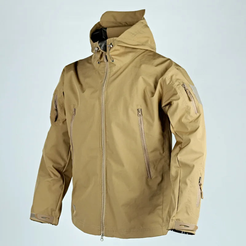 Herrenjacke mit Kapuze – wasserdicht, durchgehender Reißverschluss, mehrere Taschen – taktischer Outdoor-Mantel für Camping und Arbeit
