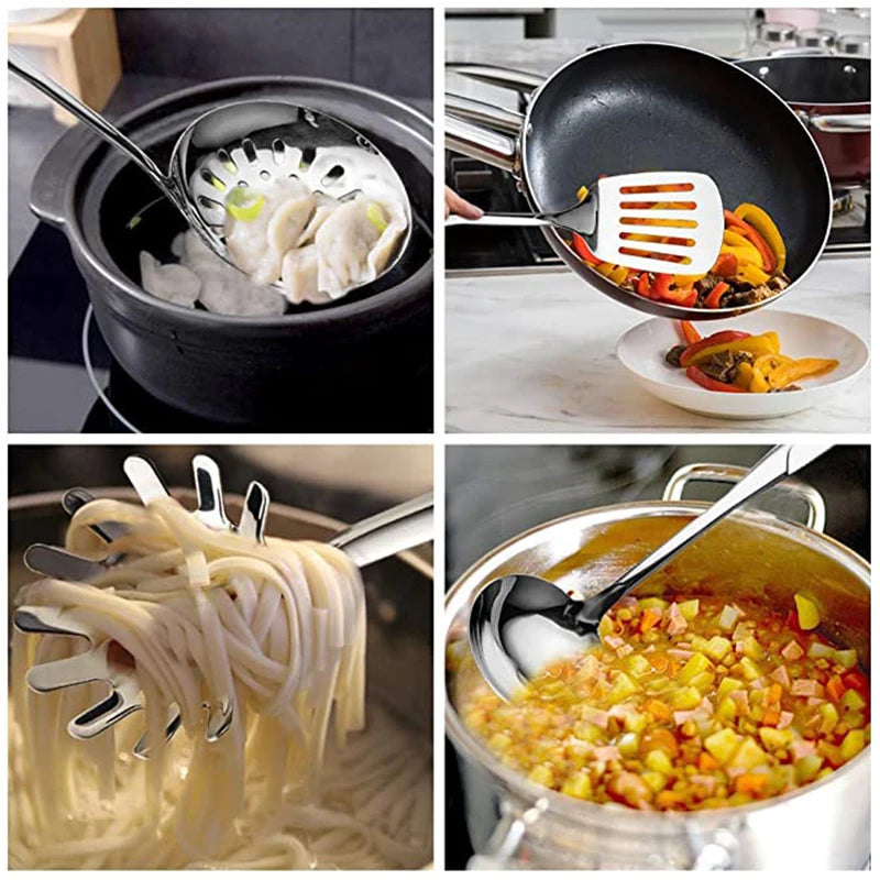 Set aus Edelstahl-Kochutensilien, hitzebeständige Küchenhelfer – Pfannenwender, Schöpfkelle, Schaumlöffel, Nudelheber, Reislöffel