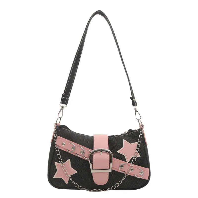 Denim-Schultertasche mit Nieten & Stern-Details – Retro Ketten-Umhängetasche für Damen