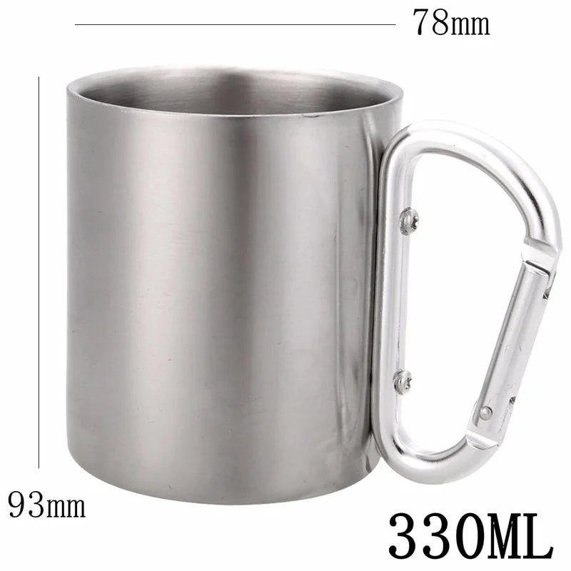 Edelstahl Reisebecher 300 ml – Wasser, Tee, Kaffee – Karabinerhaken-Griff – für Camping, Wandern, Klettern, Outdoor