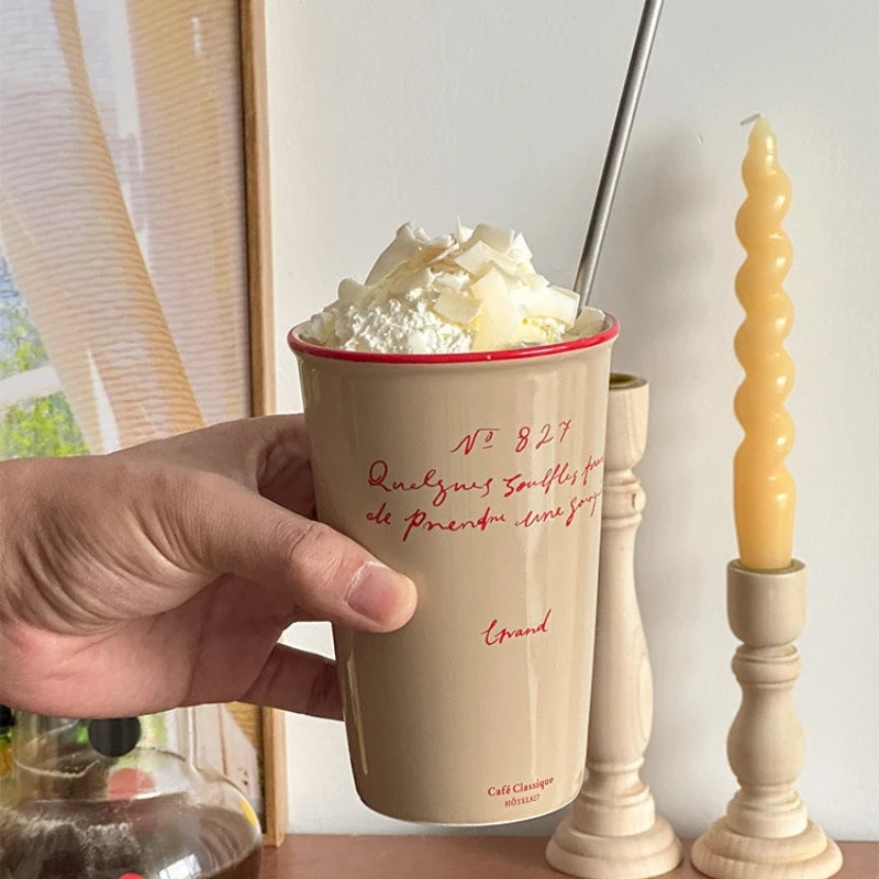 Französische Keramik Kaffeetasse 450ml Wasser Tasse Vintage Pappbecher Buchstaben Keramik Hand halten hohe Tasse Kaffeetassen Frühstücks saft Tassen