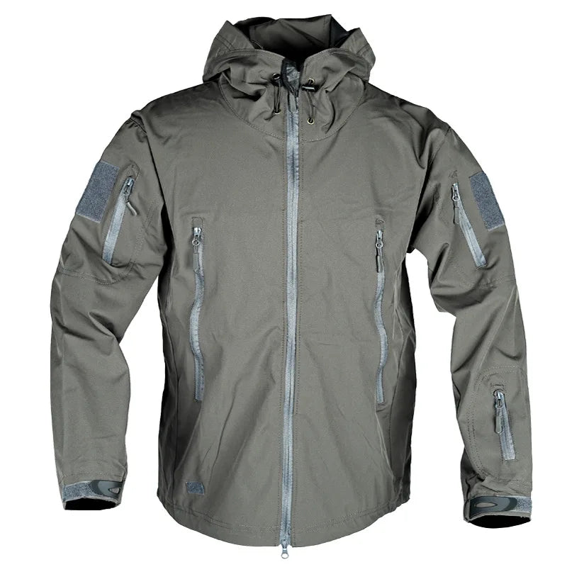 Herrenjacke mit Kapuze – wasserdicht, durchgehender Reißverschluss, mehrere Taschen – taktischer Outdoor-Mantel für Camping und Arbeit