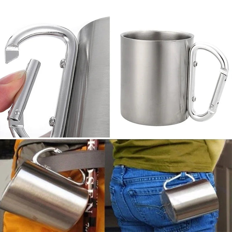 Edelstahl Reisebecher 300 ml – Wasser, Tee, Kaffee – Karabinerhaken-Griff – für Camping, Wandern, Klettern, Outdoor