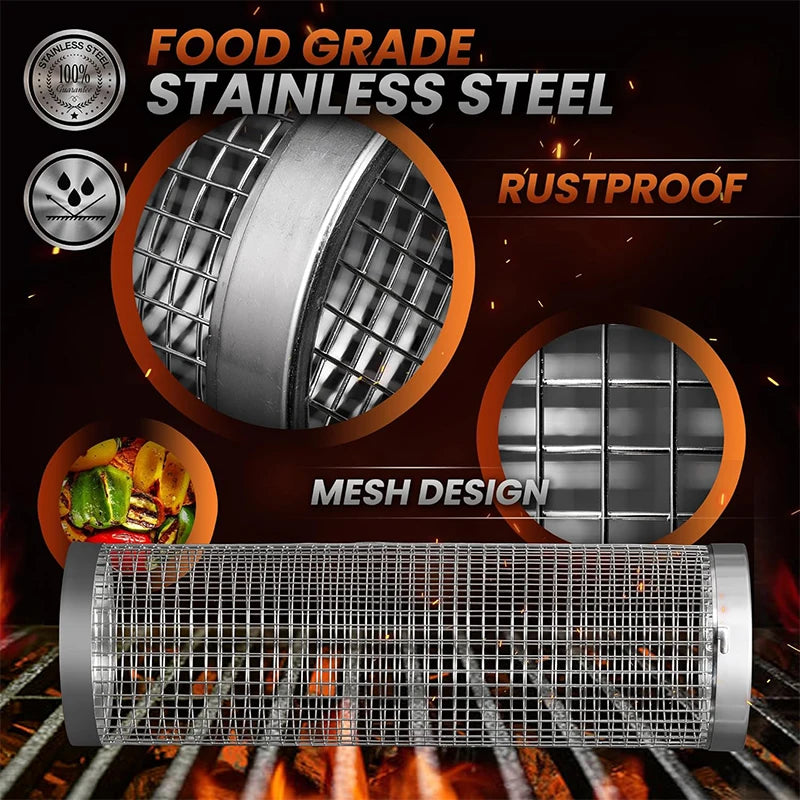 Tragbarer Roll-Grillkorb aus Edelstahl-Drahtgeflecht (zylindrisch) für Outdoor-Grillen und Camping