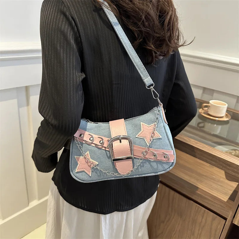 Denim-Schultertasche mit Nieten & Stern-Details – Retro Ketten-Umhängetasche für Damen