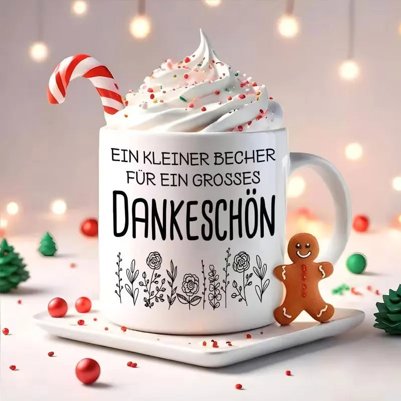 Eine hochwertige 11-Unzen-Keramik-Kaffeetasse mit stilvollem weißem Design, floralen Mustern und einem deutschen Dankesausdruck. Nur handwaschbar, geeignet für wiederholten Gebrauch und ein tolles Geschenk.