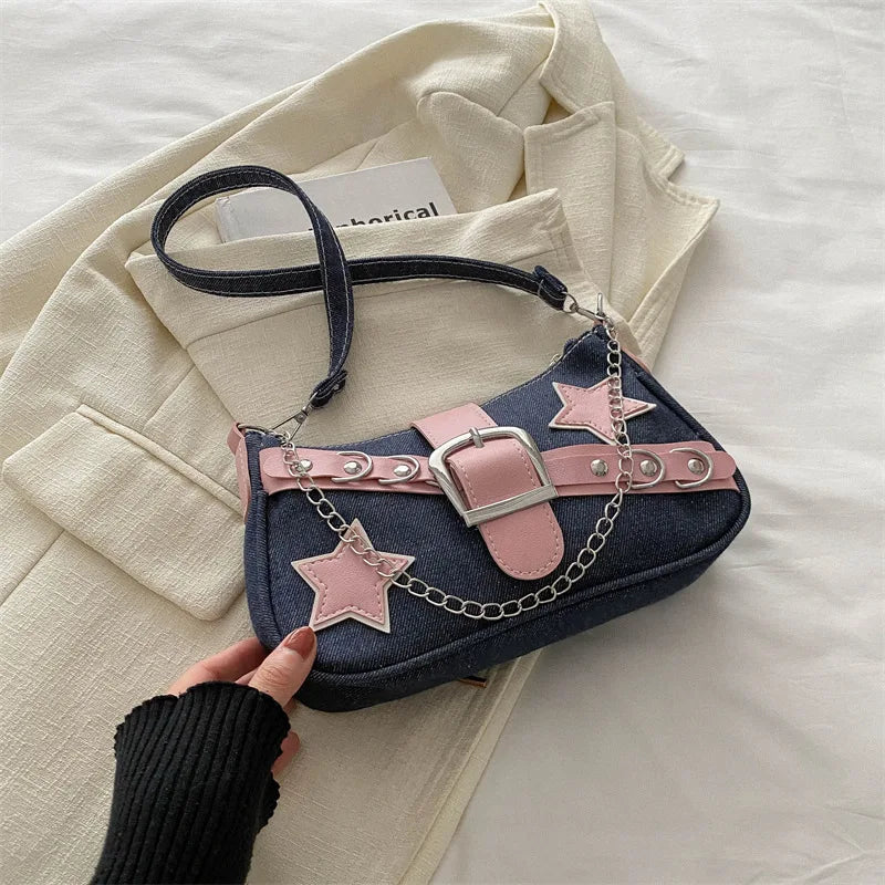 Denim-Schultertasche mit Nieten & Stern-Details – Retro Ketten-Umhängetasche für Damen