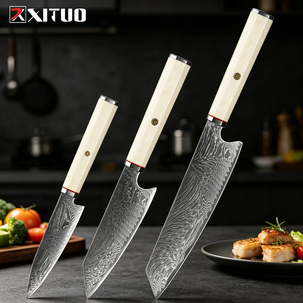 XITUO 1–3-teiliges Küchenmesser-Set (Kiritsuke & Schälmesser), scharfe Kochmesser aus Damaststahl mit achteckigem Griff in Elfenbein-Optik