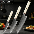 XITUO 1–3-teiliges Küchenmesser-Set (Kiritsuke & Schälmesser), scharfe Kochmesser aus Damaststahl mit achteckigem Griff in Elfenbein-Optik