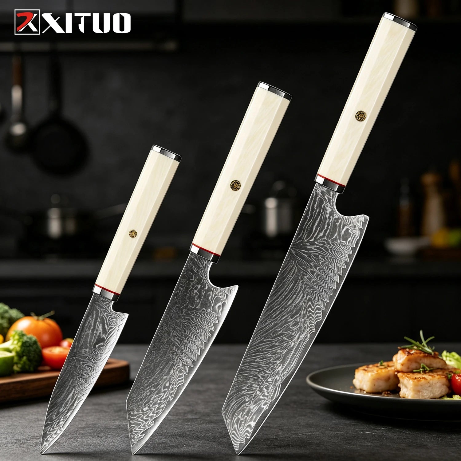 XITUO 1–3-teiliges Küchenmesser-Set (Kiritsuke & Schälmesser), scharfe Kochmesser aus Damaststahl mit achteckigem Griff in Elfenbein-Optik