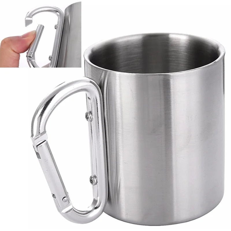 Edelstahl Reisebecher 300 ml – Wasser, Tee, Kaffee – Karabinerhaken-Griff – für Camping, Wandern, Klettern, Outdoor