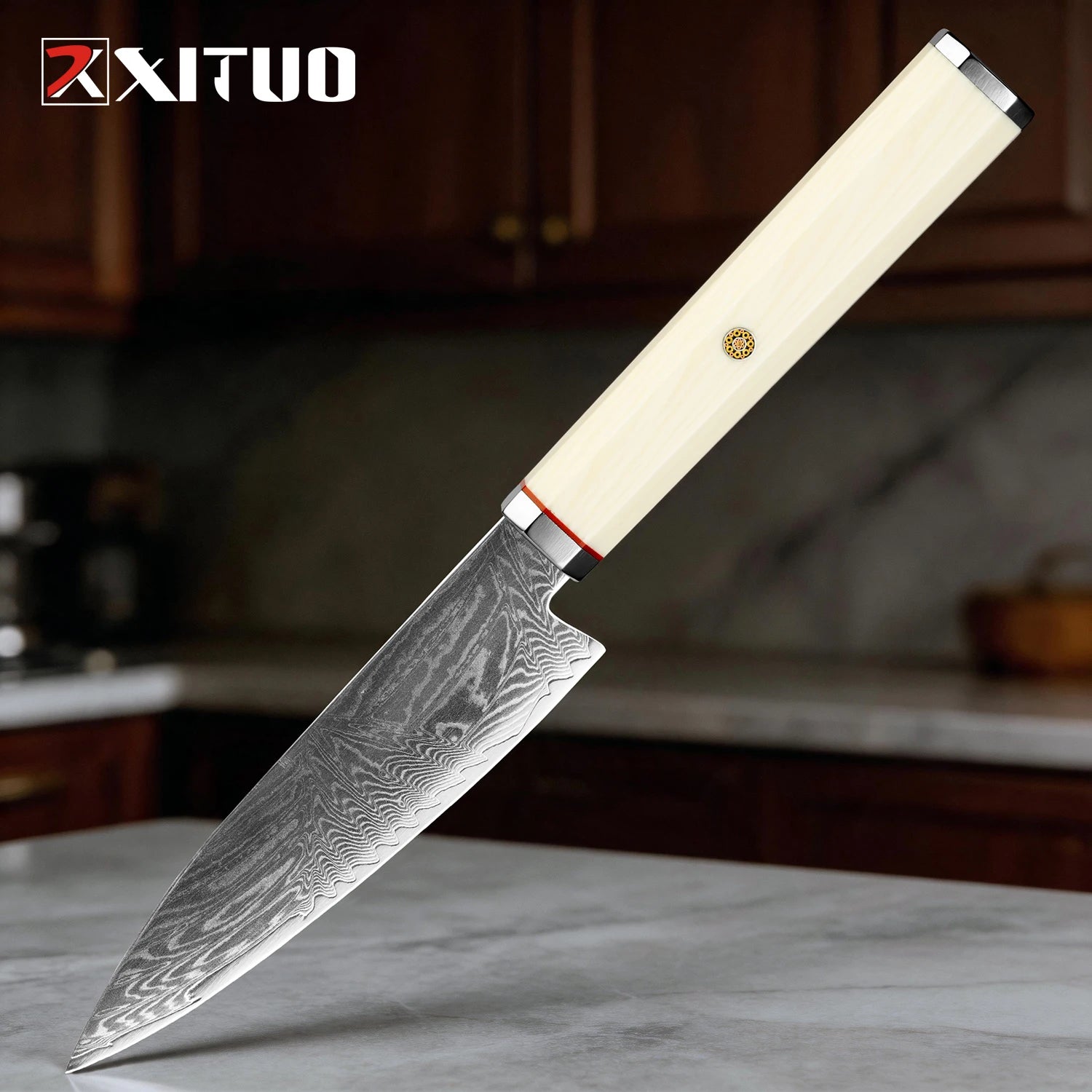 XITUO 1–3-teiliges Küchenmesser-Set (Kiritsuke & Schälmesser), scharfe Kochmesser aus Damaststahl mit achteckigem Griff in Elfenbein-Optik