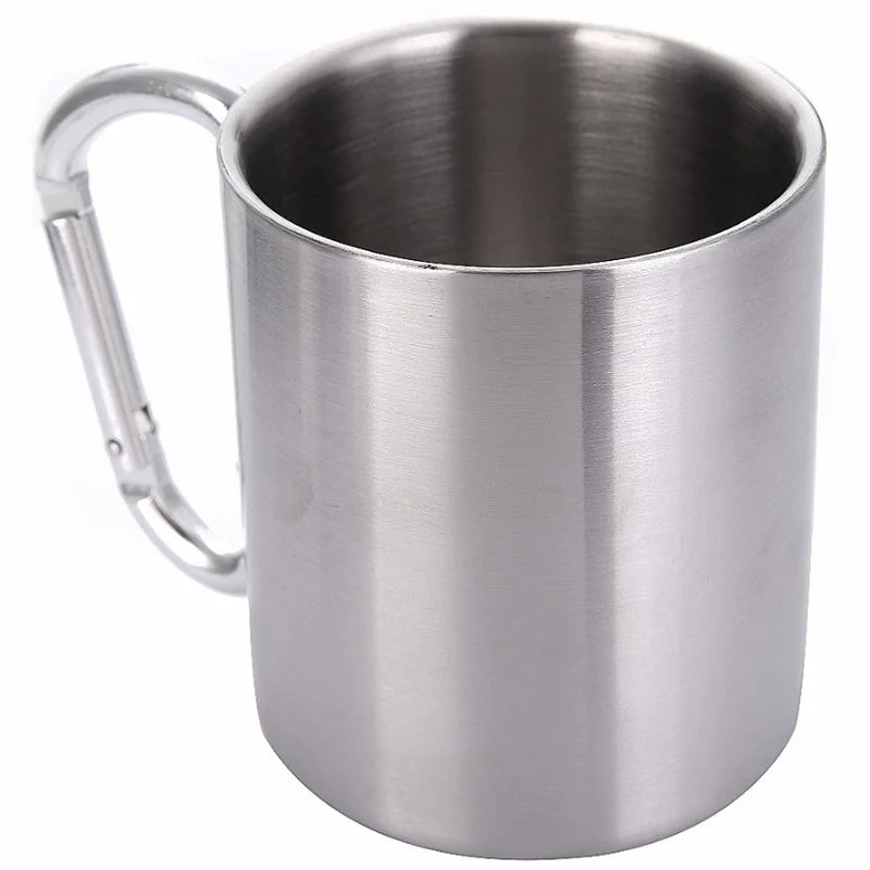 Edelstahl Reisebecher 300 ml – Wasser, Tee, Kaffee – Karabinerhaken-Griff – für Camping, Wandern, Klettern, Outdoor