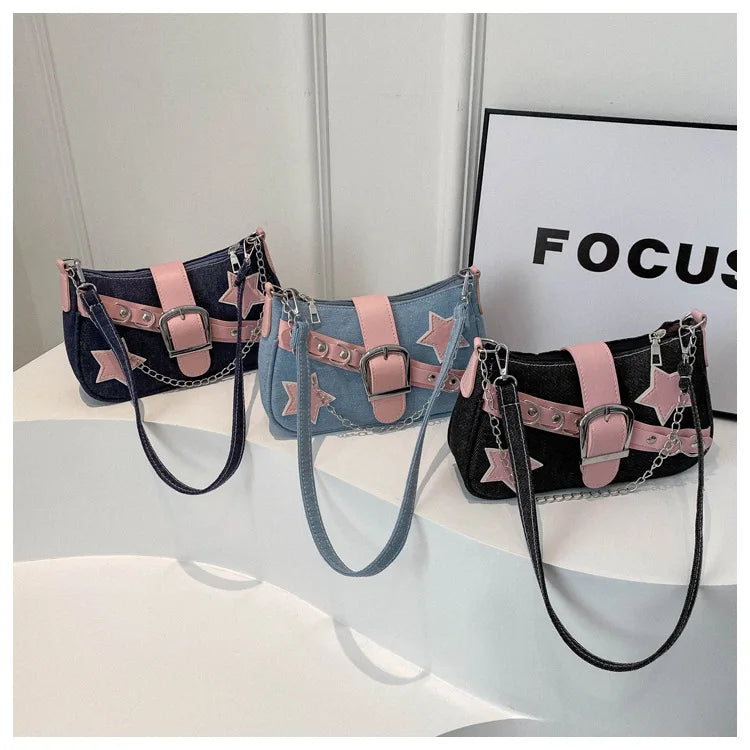 Denim-Schultertasche mit Nieten & Stern-Details – Retro Ketten-Umhängetasche für Damen