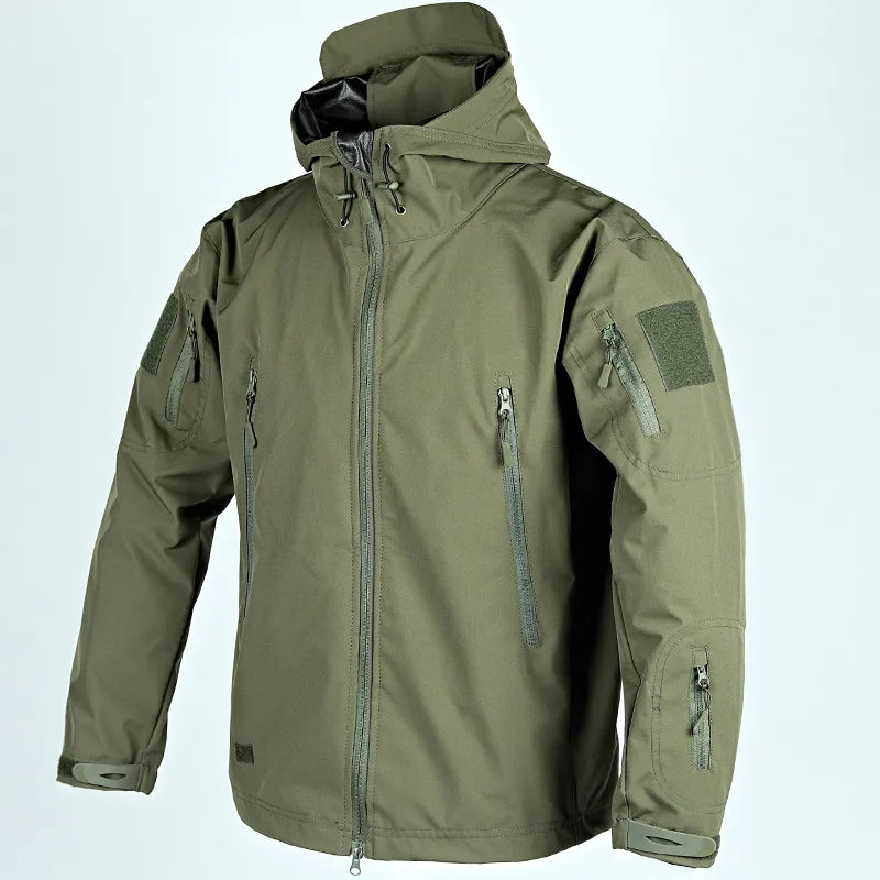 Herrenjacke mit Kapuze – wasserdicht, durchgehender Reißverschluss, mehrere Taschen – taktischer Outdoor-Mantel für Camping und Arbeit