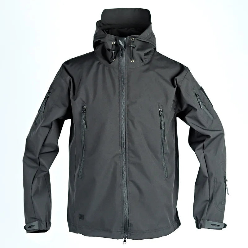 Herrenjacke mit Kapuze – wasserdicht, durchgehender Reißverschluss, mehrere Taschen – taktischer Outdoor-Mantel für Camping und Arbeit