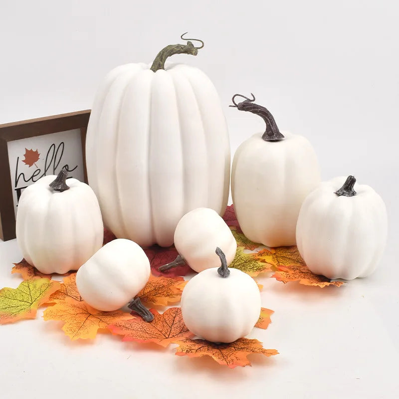 7-teiliges Kunstkürbis-Deko-Set – Weiß & Gelb | Herbst & Halloween Tischdekoration