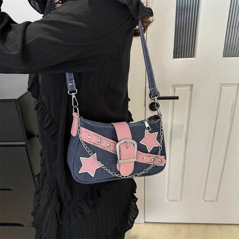 Denim-Schultertasche mit Nieten & Stern-Details – Retro Ketten-Umhängetasche für Damen