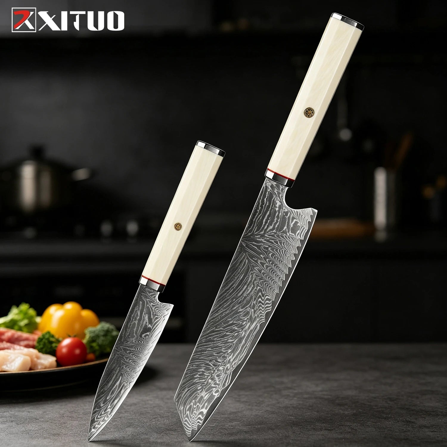 XITUO 1–3-teiliges Küchenmesser-Set (Kiritsuke & Schälmesser), scharfe Kochmesser aus Damaststahl mit achteckigem Griff in Elfenbein-Optik