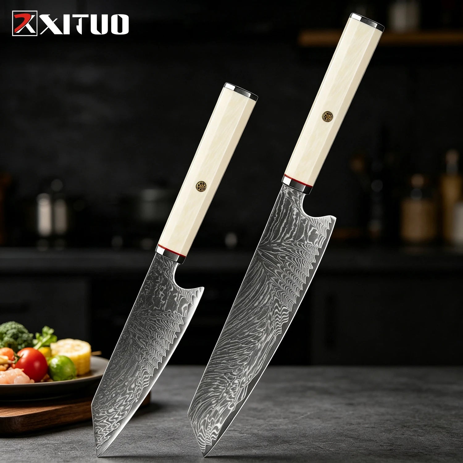 XITUO 1–3-teiliges Küchenmesser-Set (Kiritsuke & Schälmesser), scharfe Kochmesser aus Damaststahl mit achteckigem Griff in Elfenbein-Optik